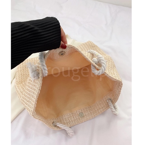 Large Tote Straw Bag Beige Lined Rope Handles - Picture 4 of 6